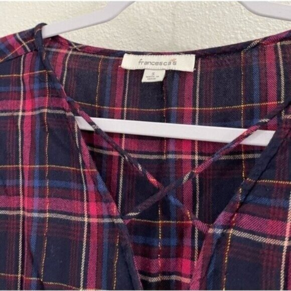 Francesca’s Western Boho Plaid Top Shabby Chic Faux Wrap Long Sleeve - Picture 3 of 6